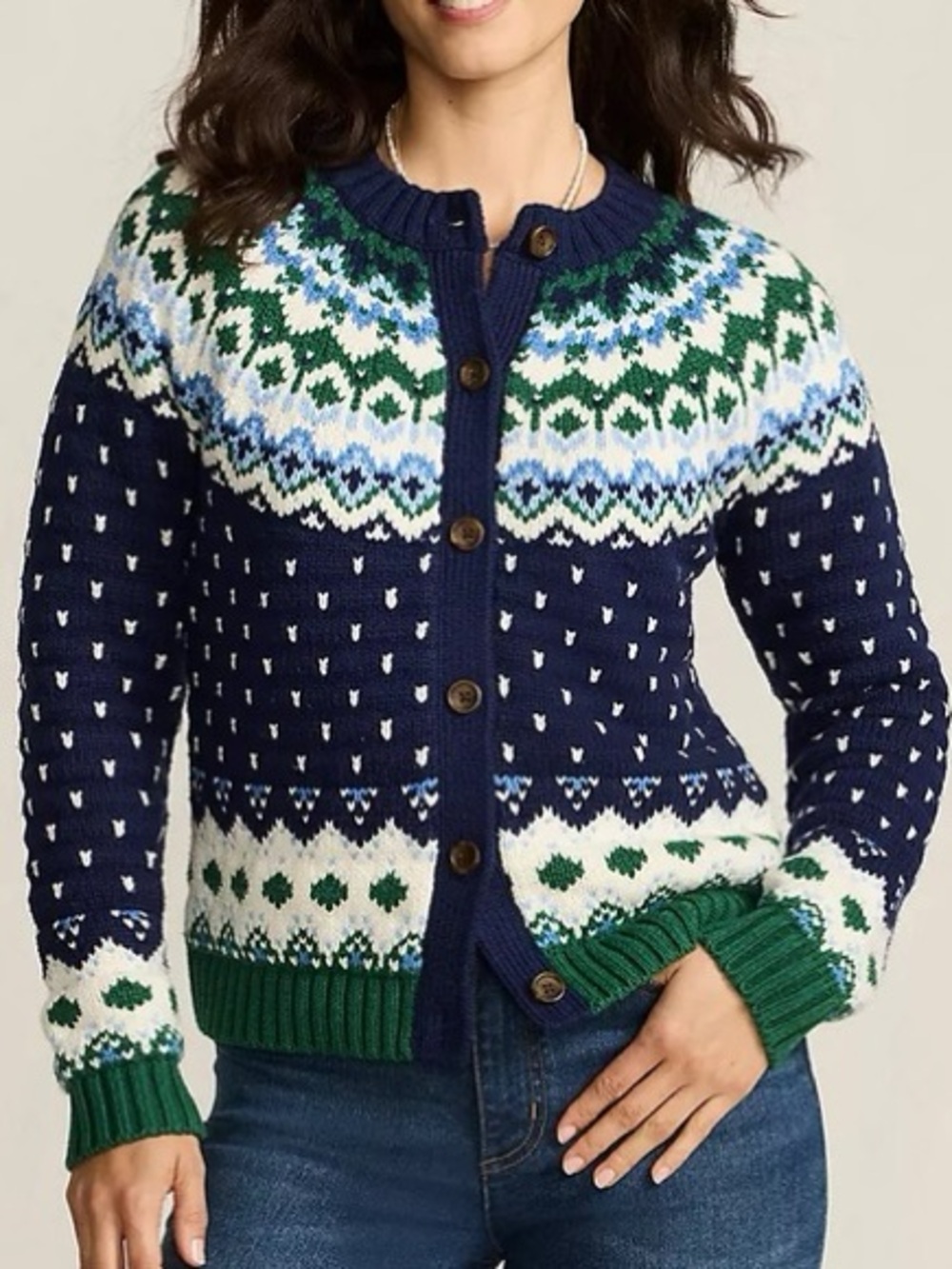 Womens Lands' End Lofty Birdseye Navy Heritage Fair Isle Cardigan Sweater XS